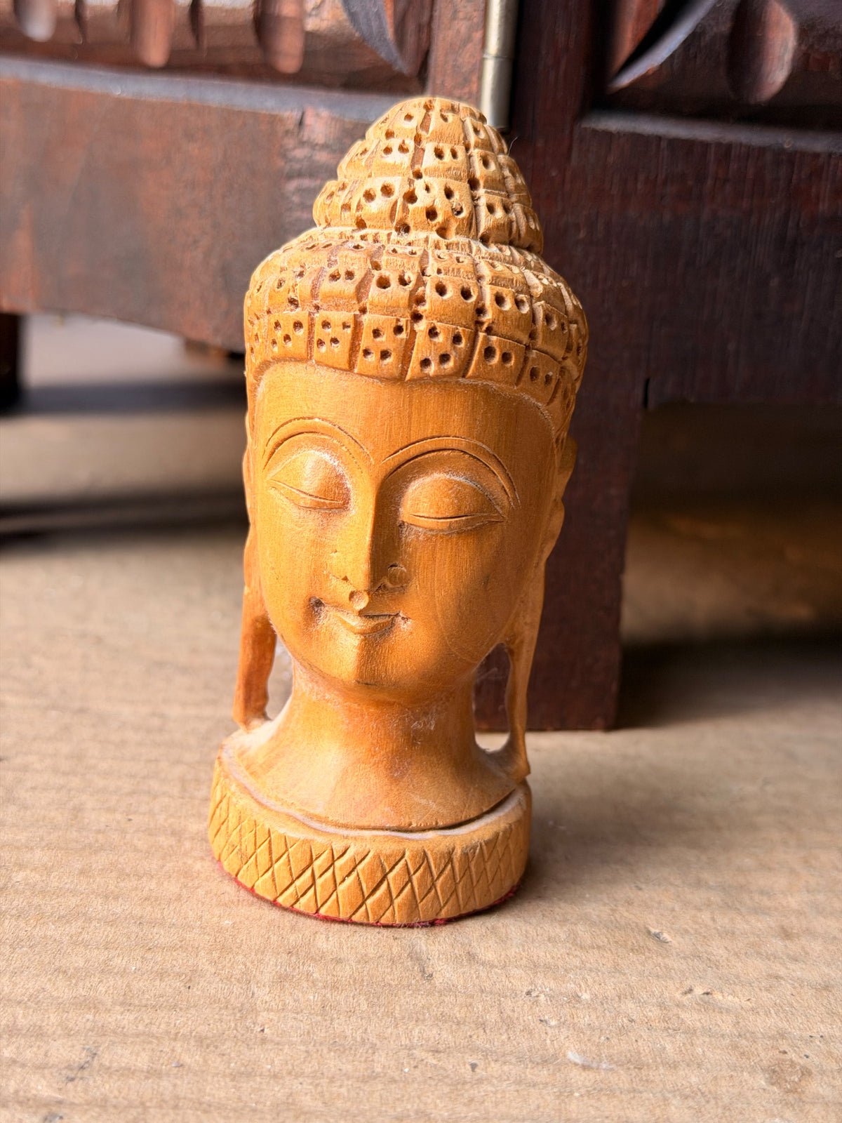 Vintage Hand Carved Wood Buddha Head Bust Small India Style Shelf Figure 4.2 in