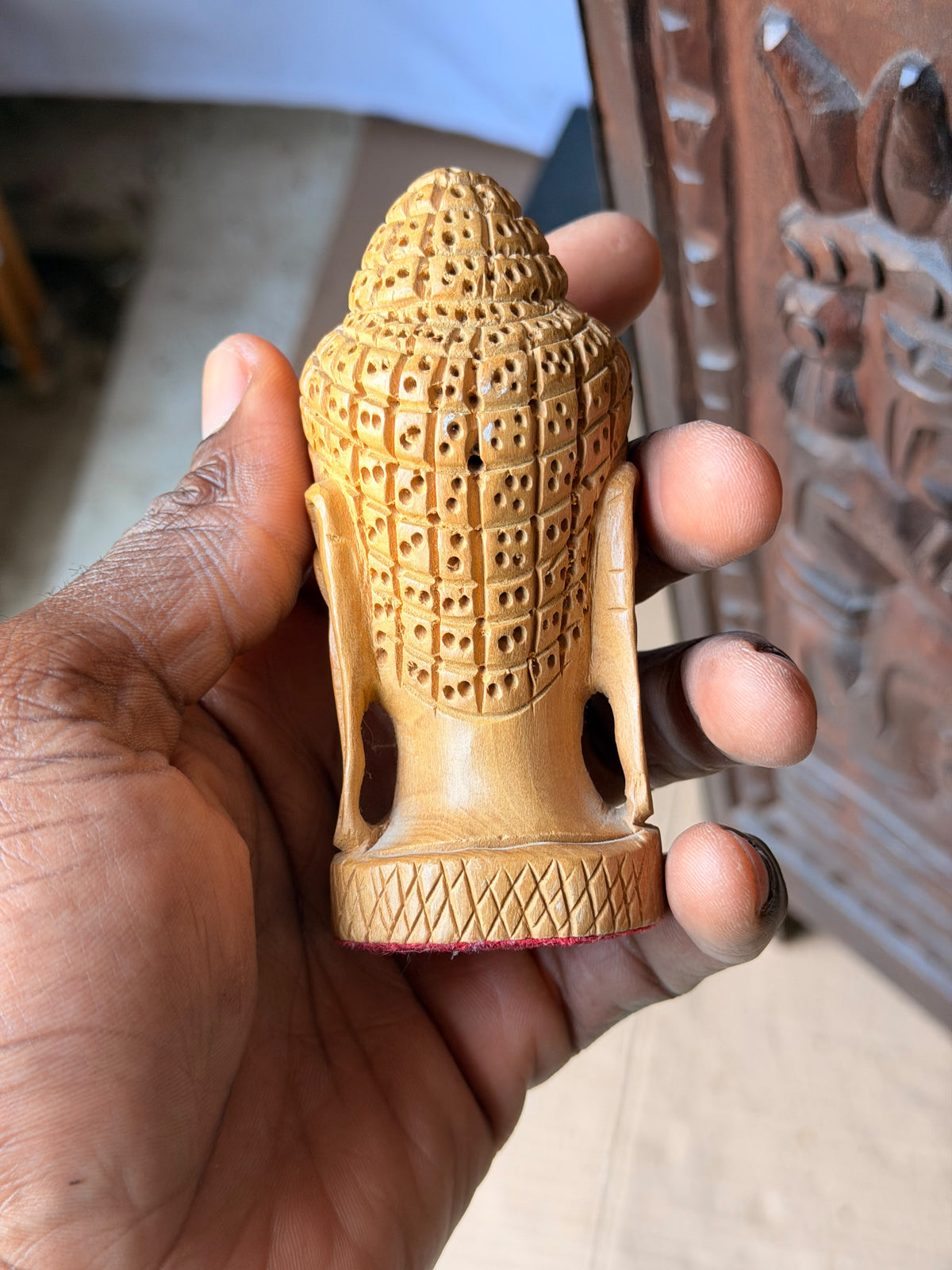 Vintage Hand Carved Wood Buddha Head Bust Small India Style Shelf Figure 4.2 in