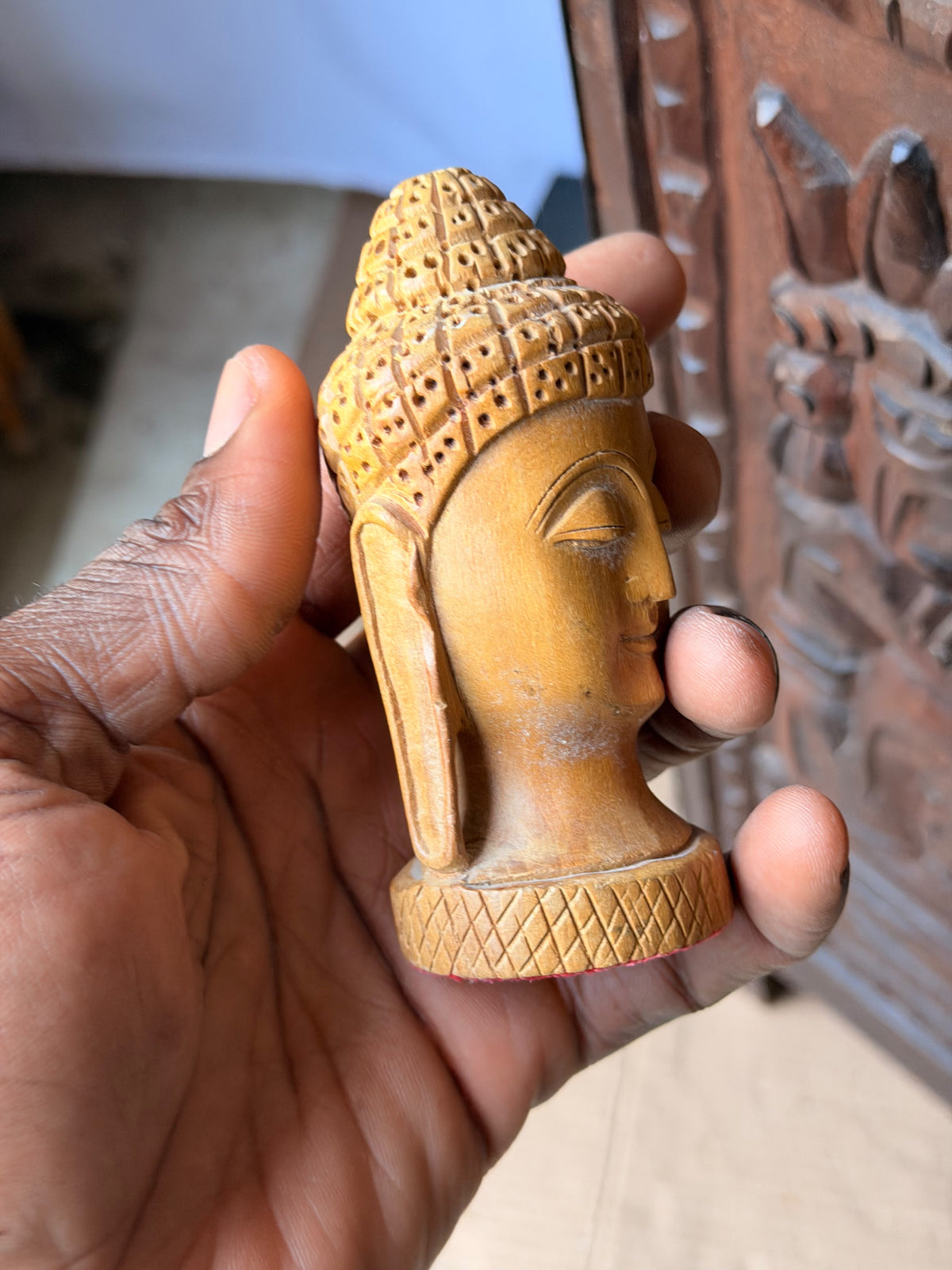 Vintage Hand Carved Wood Buddha Head Bust Small India Style Shelf Figure 4.2 in
