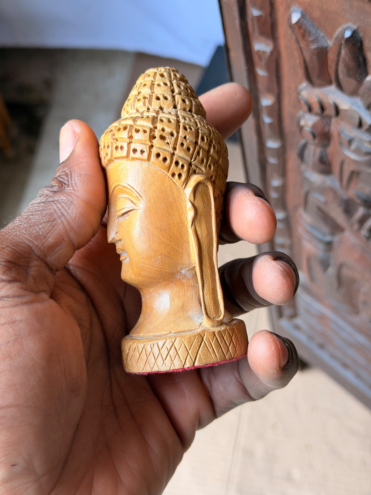 Vintage Hand Carved Wood Buddha Head Bust Small India Style Shelf Figure 4.2 in
