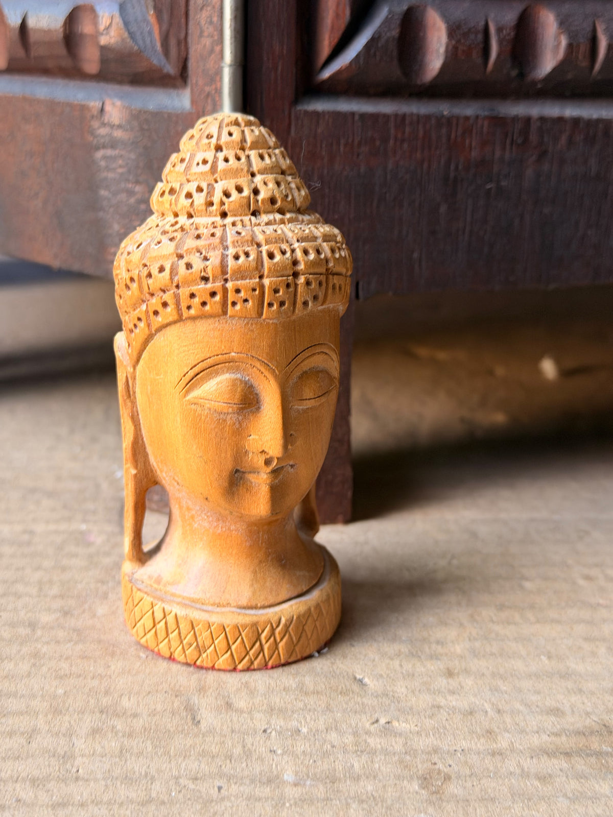 Vintage Hand Carved Wood Buddha Head Bust Small India Style Shelf Figure 4.2 in