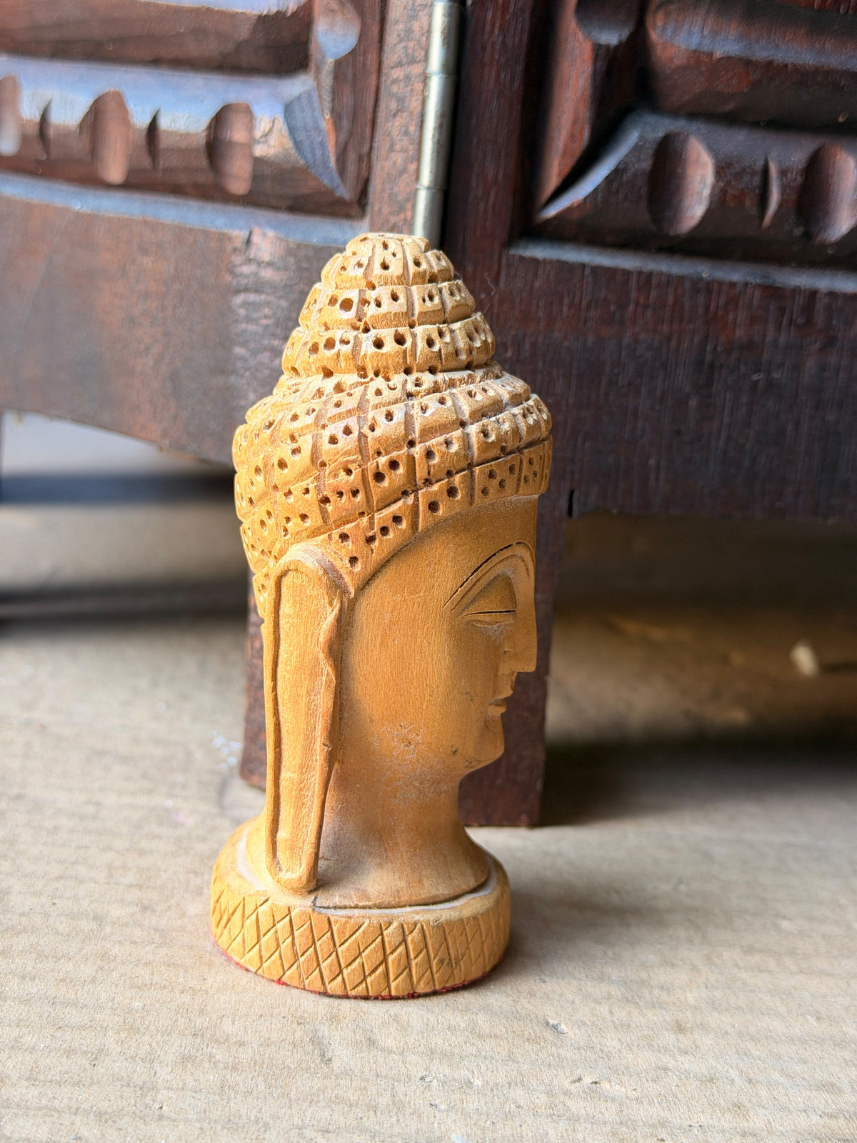 Vintage Hand Carved Wood Buddha Head Bust Small India Style Shelf Figure 4.2 in