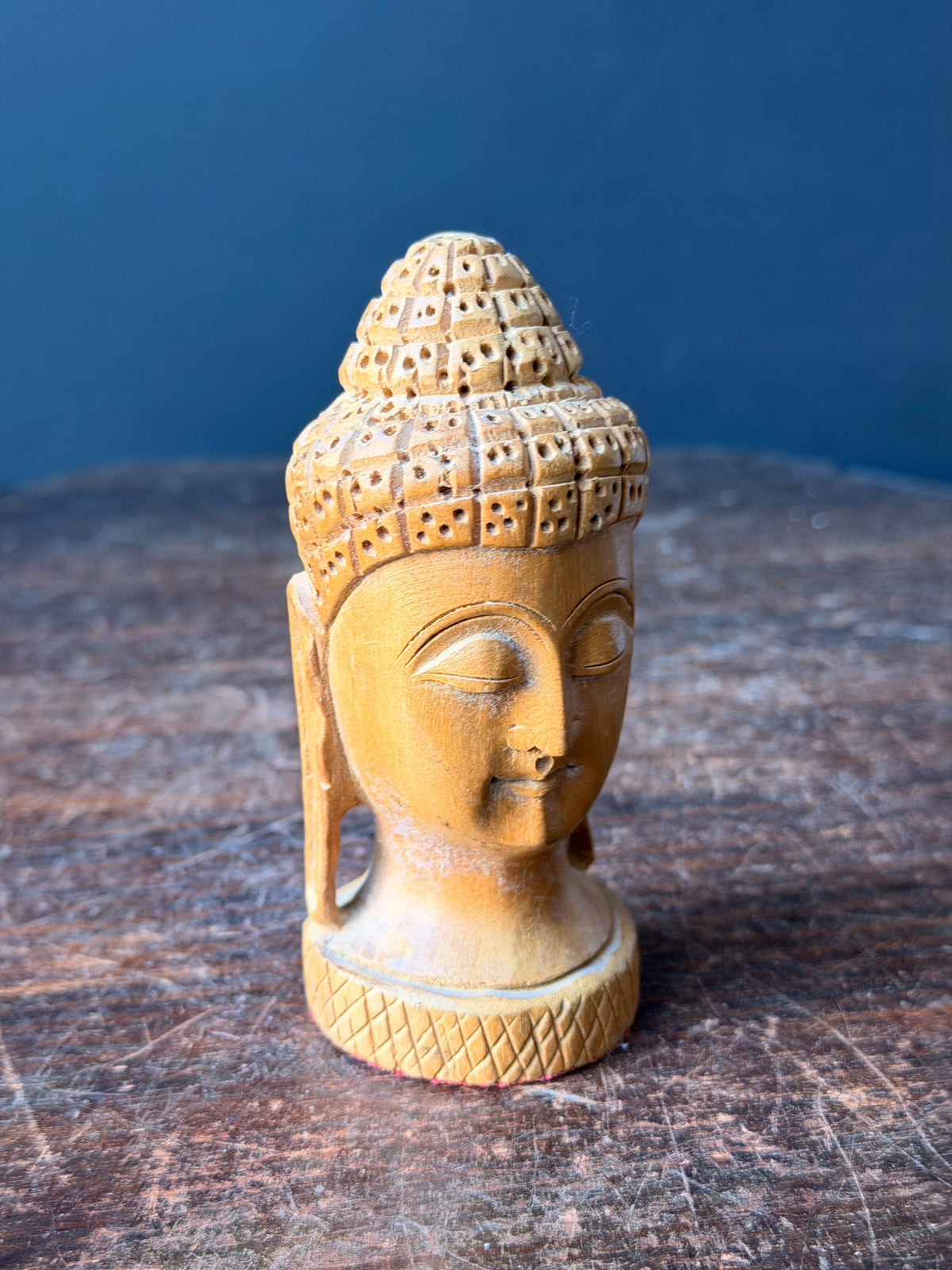 Vintage Hand Carved Wood Buddha Head Bust Small India Style Shelf Figure 4.2 in