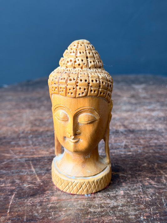 Vintage Hand Carved Wood Buddha Head Bust Small India Style Shelf Figure 4.2 in