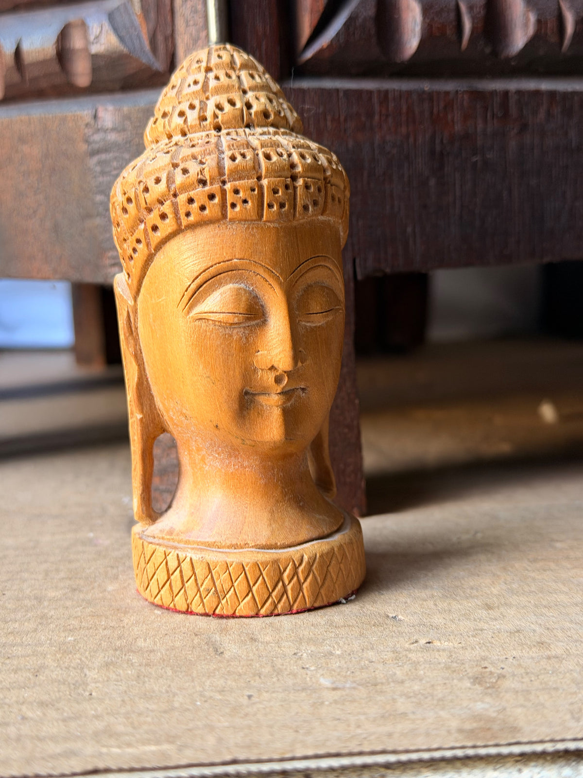 Vintage Hand Carved Wood Buddha Head Bust Small India Style Shelf Figure 4.2 in