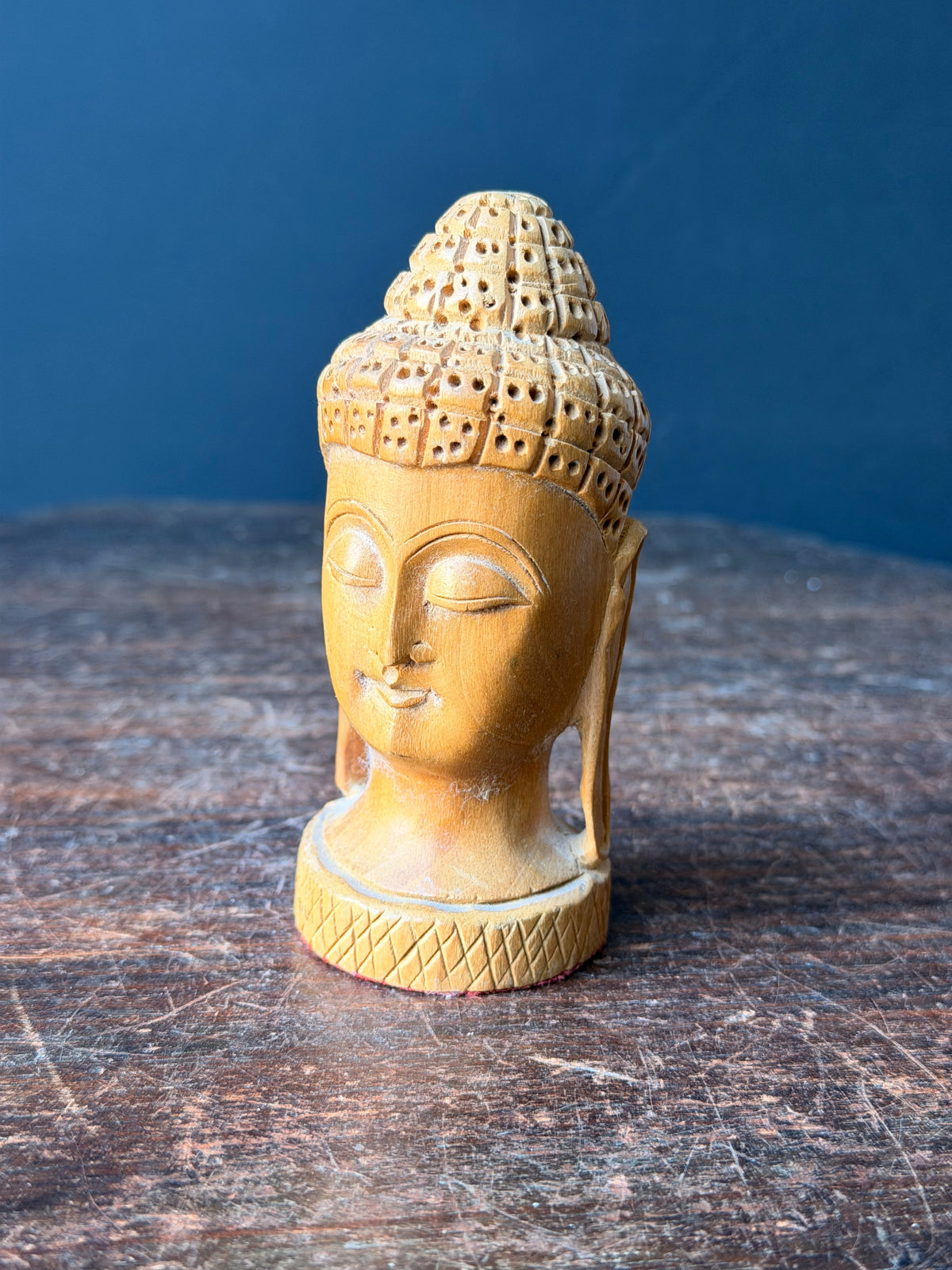 Vintage Hand Carved Wood Buddha Head Bust Small India Style Shelf Figure 4.2 in