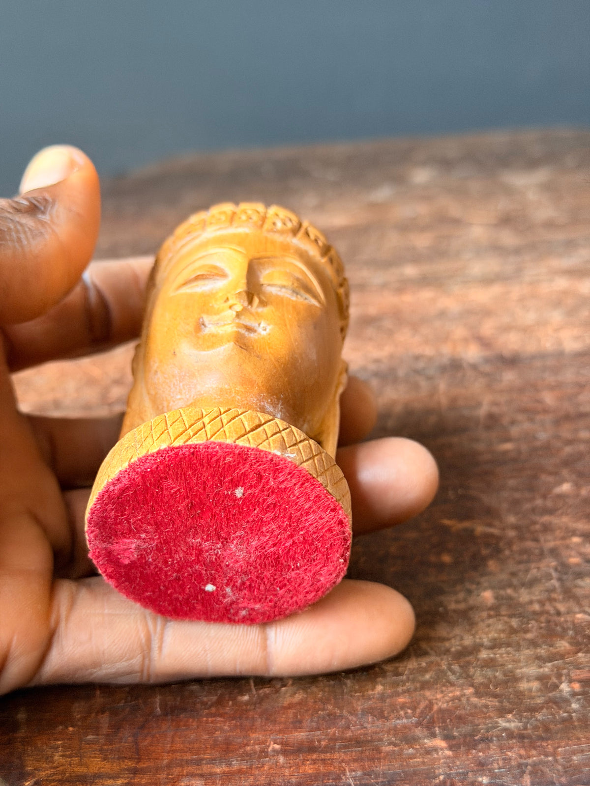 Vintage Hand Carved Wood Buddha Head Bust Small India Style Shelf Figure 4.2 in