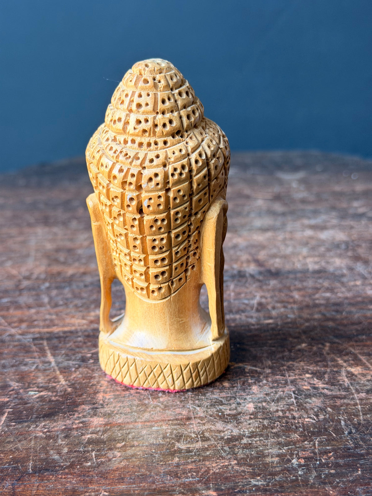 Vintage Hand Carved Wood Buddha Head Bust Small India Style Shelf Figure 4.2 in