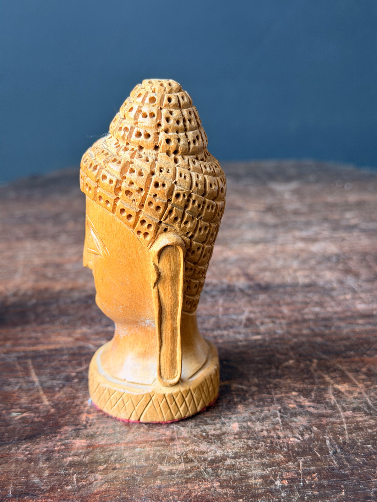Vintage Hand Carved Wood Buddha Head Bust Small India Style Shelf Figure 4.2 in