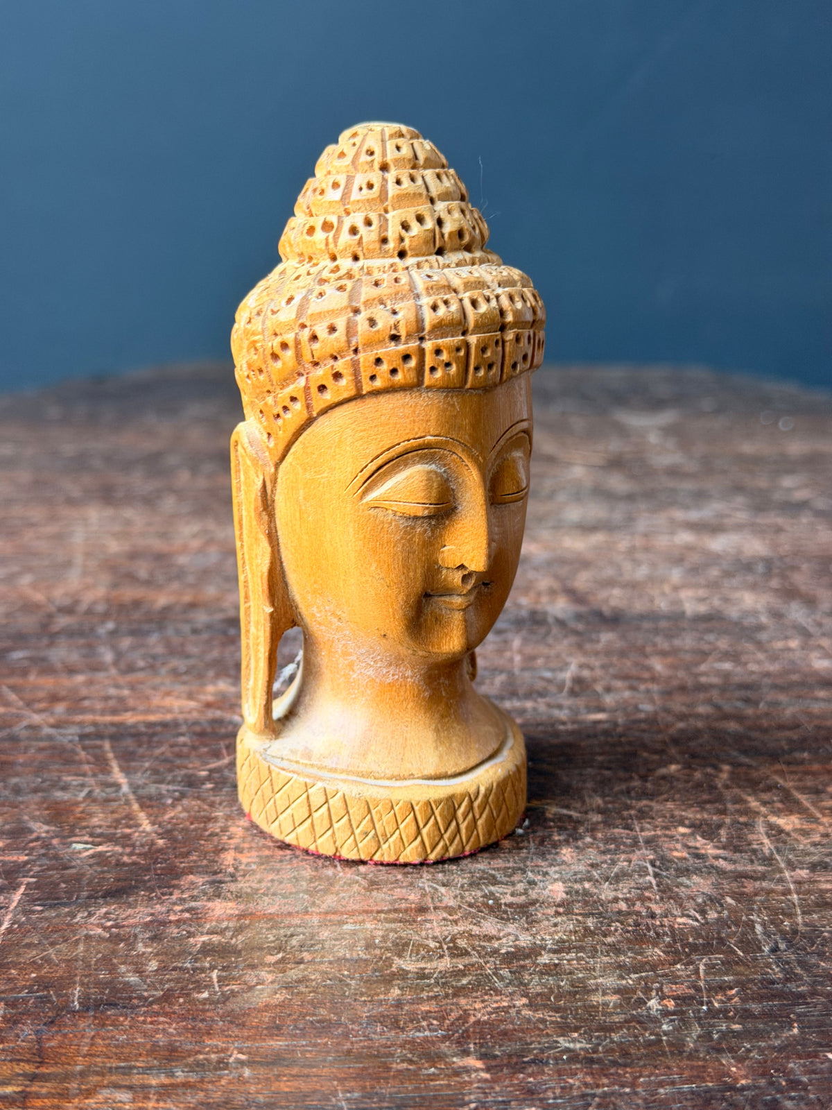 Vintage Hand Carved Wood Buddha Head Bust Small India Style Shelf Figure 4.2 in