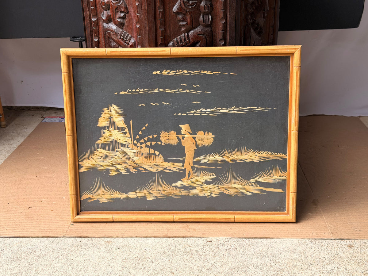 Vintage Asian Straw Art Picture Faux Bamboo Framed Rice Farmer Landscape 15x13"