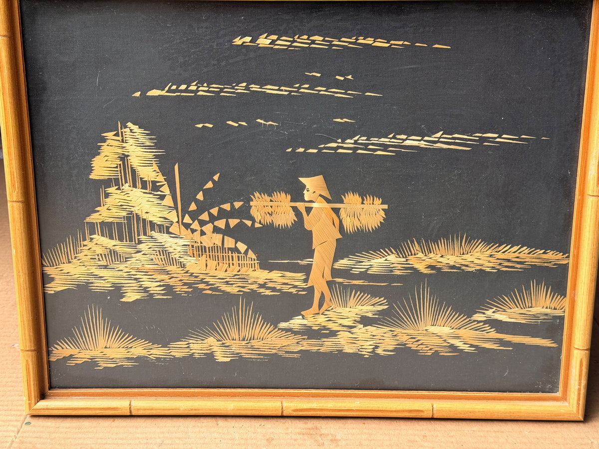 Vintage Asian Straw Art Picture Faux Bamboo Framed Rice Farmer Landscape 15x13"