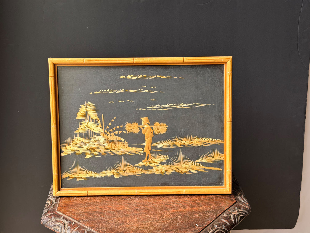 Vintage Asian Straw Art Picture Faux Bamboo Framed Rice Farmer Landscape 15x13"