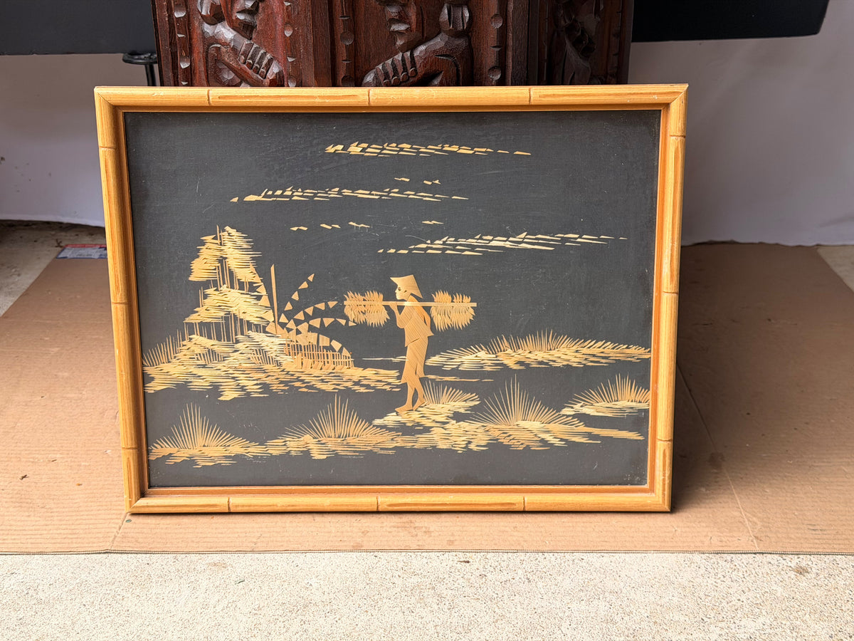 Vintage Asian Straw Art Picture Faux Bamboo Framed Rice Farmer Landscape 15x13"