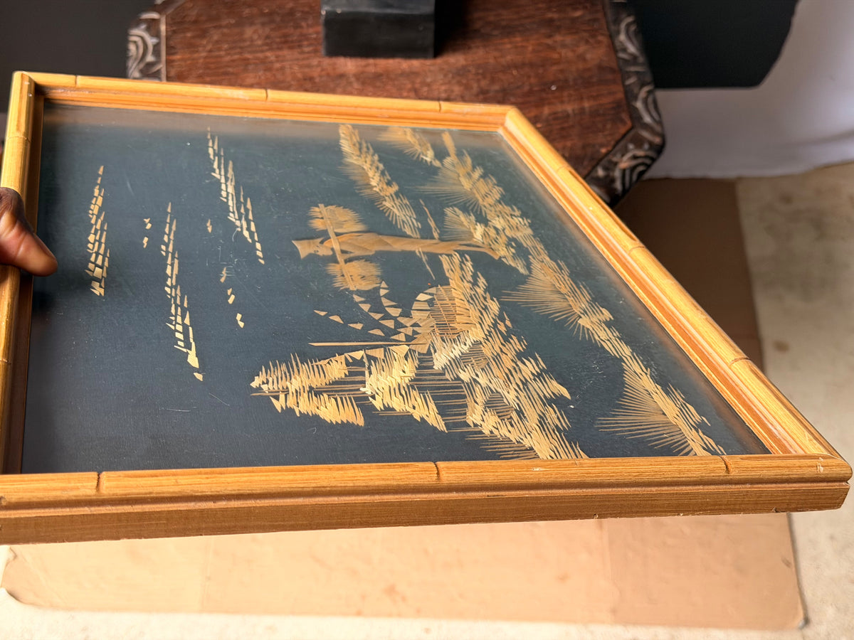 Vintage Asian Straw Art Picture Faux Bamboo Framed Rice Farmer Landscape 15x13"