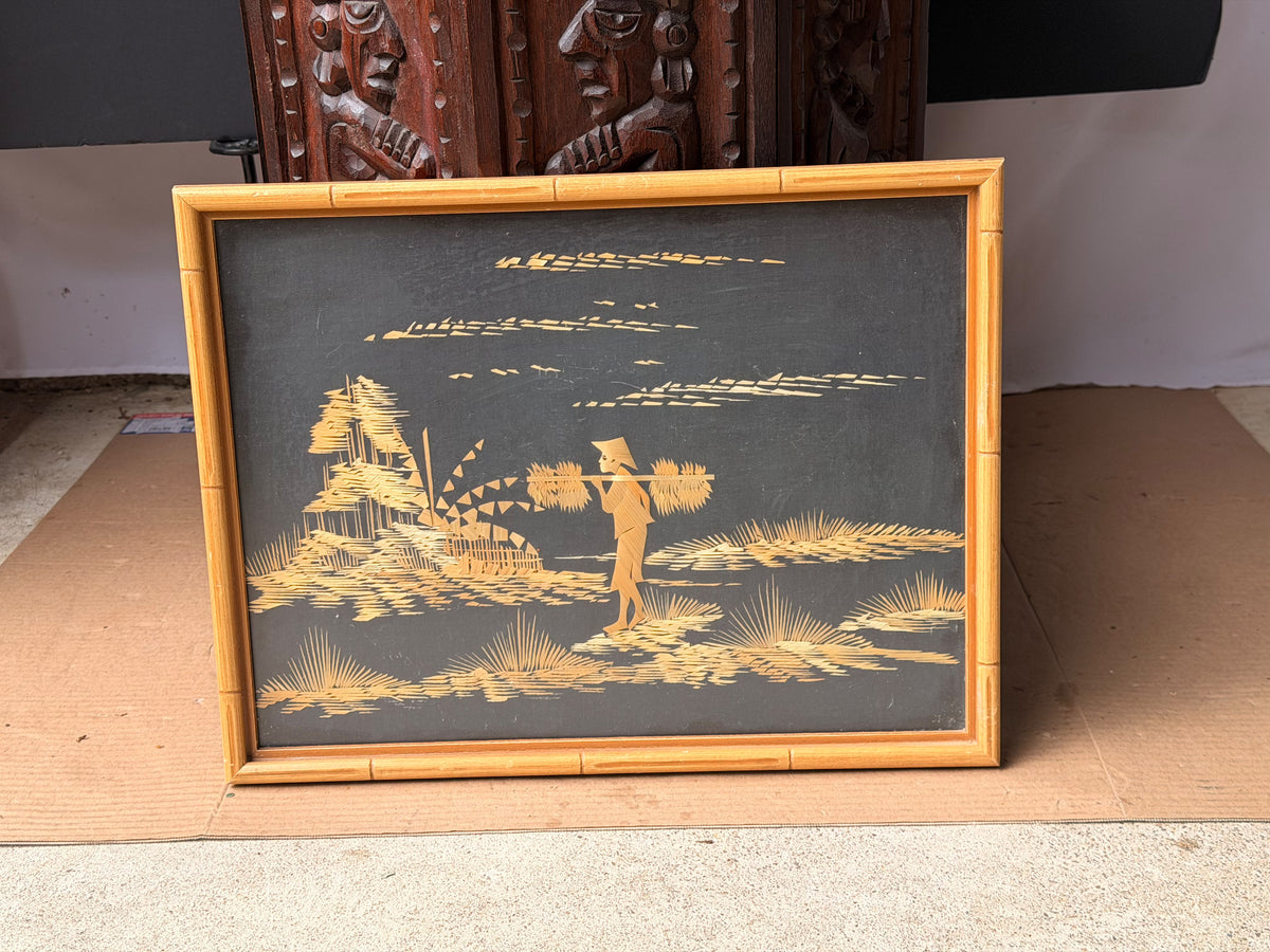 Vintage Asian Straw Art Picture Faux Bamboo Framed Rice Farmer Landscape 15x13"
