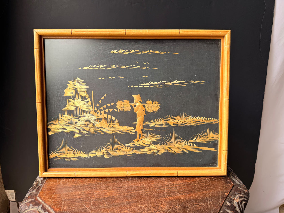 Vintage Asian Straw Art Picture Faux Bamboo Framed Rice Farmer Landscape 15x13"