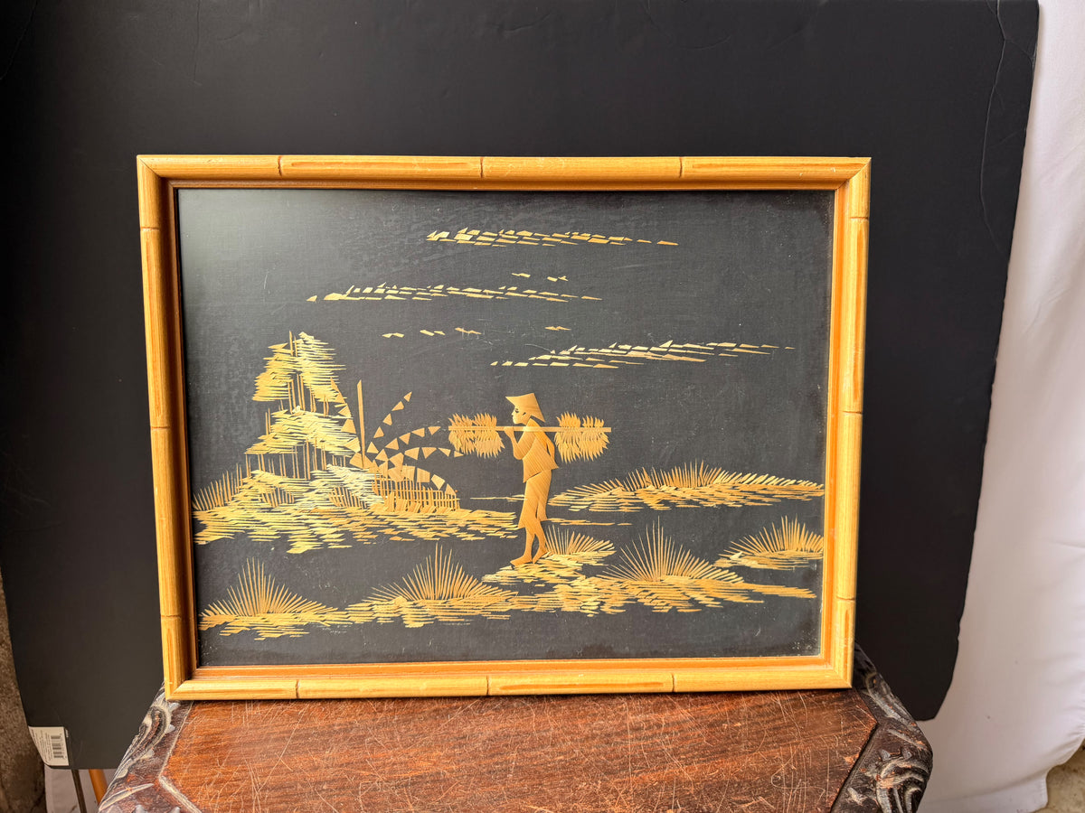 Vintage Asian Straw Art Picture Faux Bamboo Framed Rice Farmer Landscape 15x13"