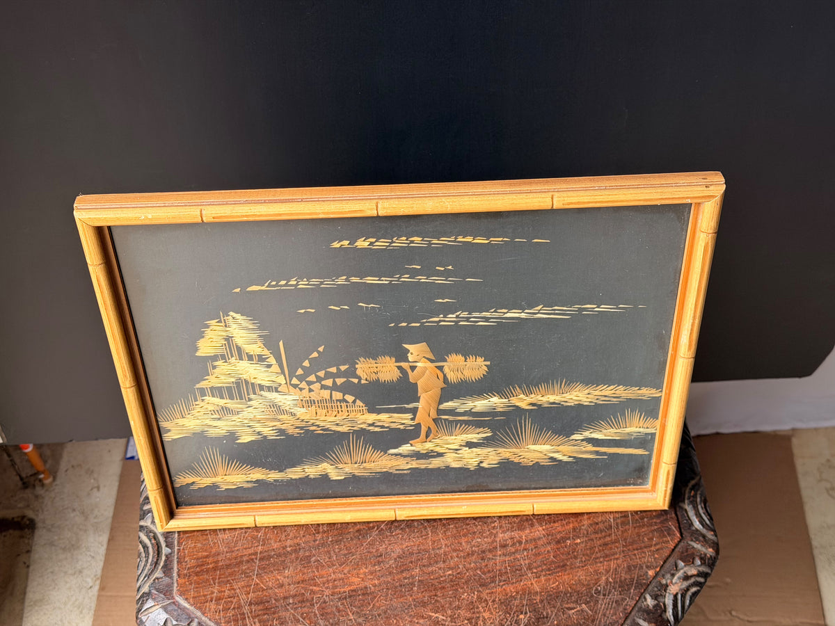 Vintage Asian Straw Art Picture Faux Bamboo Framed Rice Farmer Landscape 15x13"