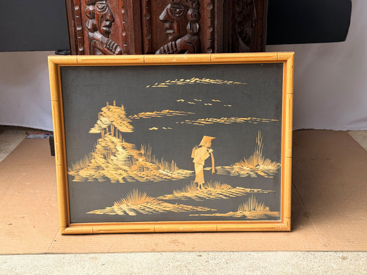 Vintage Asian Straw Art Picture Faux Bamboo Framed Farmer & Hut Landscape 15x13"