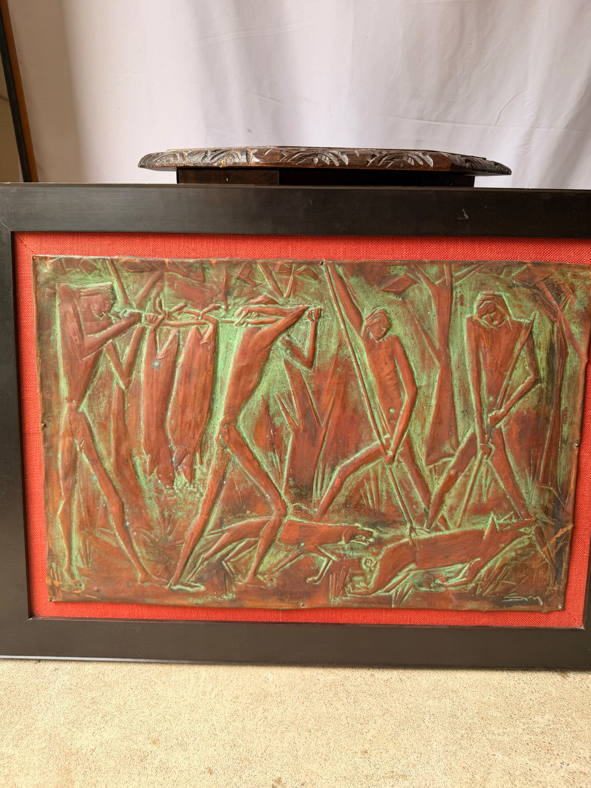Vintage Copper Repousse Relief Hunters Game Dogs Framed Plaque Signed 30x21
