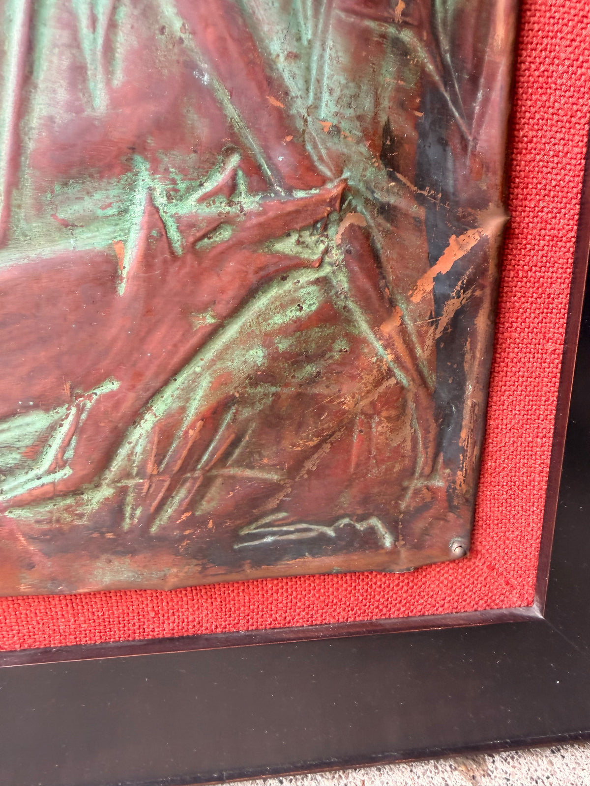 Vintage Copper Repousse Relief Hunters Game Dogs Framed Plaque Signed 30x21