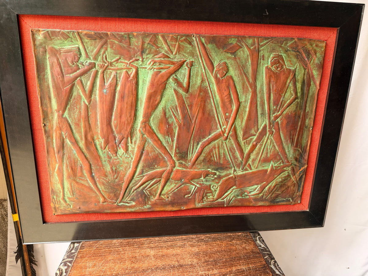 Vintage Copper Repousse Relief Hunters Game Dogs Framed Plaque Signed 30x21