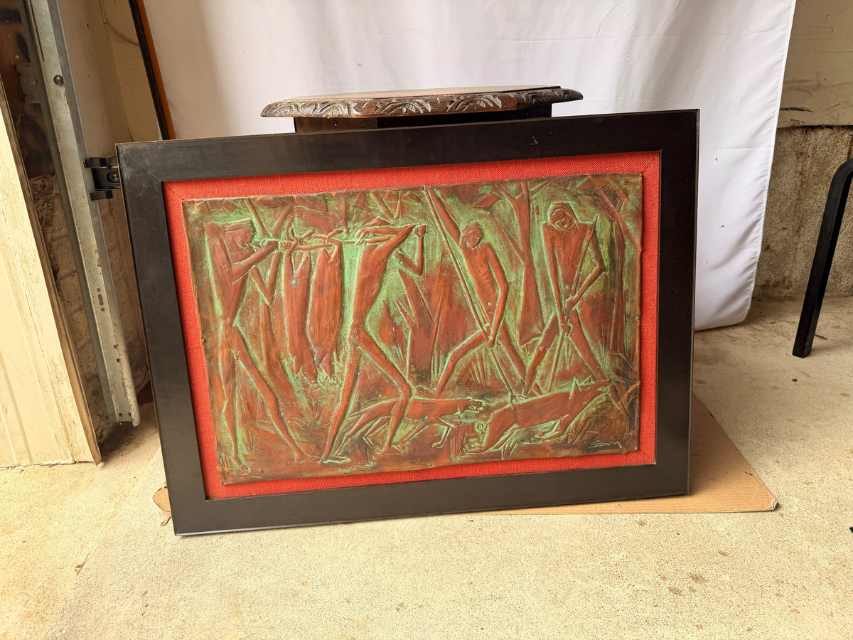 Vintage Copper Repousse Relief Hunters Game Dogs Framed Plaque Signed 30x21