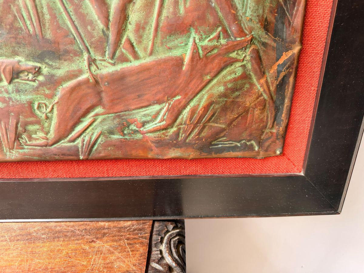 Vintage Copper Repousse Relief Hunters Game Dogs Framed Plaque Signed 30x21