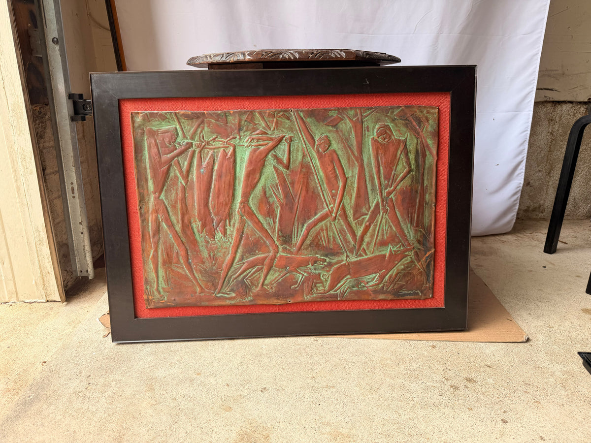 Vintage Copper Repousse Relief Hunters Game Dogs Framed Plaque Signed 30x21