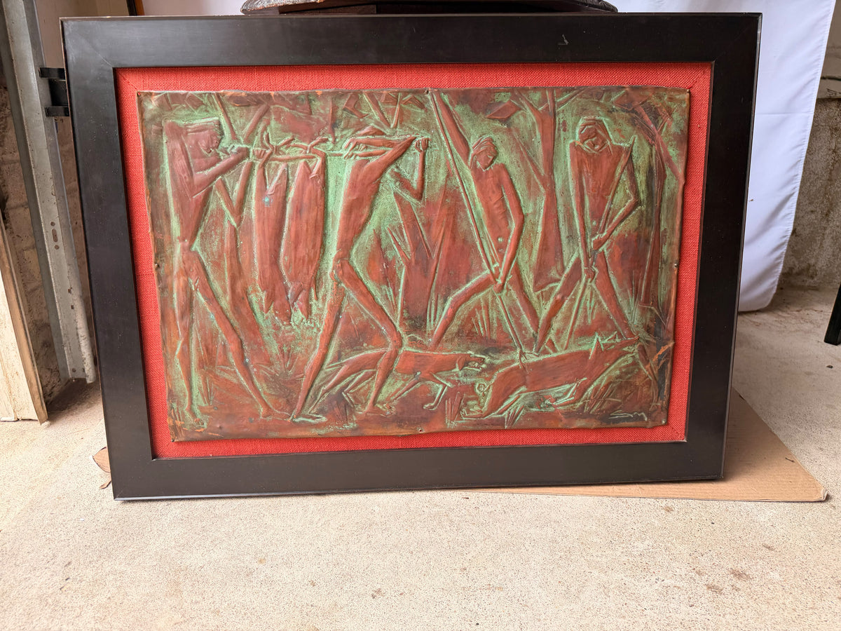 Vintage Copper Repousse Relief Hunters Game Dogs Framed Plaque Signed 30x21