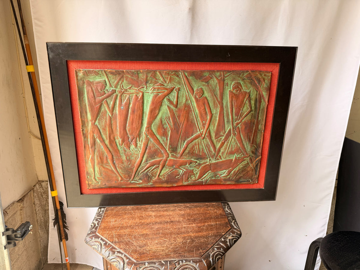 Vintage Copper Repousse Relief Hunters Game Dogs Framed Plaque Signed 30x21