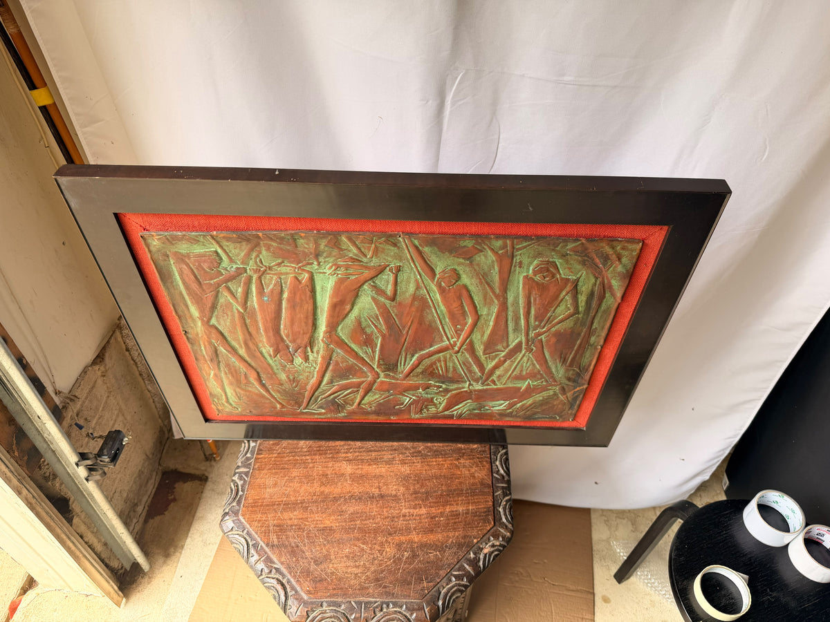 Vintage Copper Repousse Relief Hunters Game Dogs Framed Plaque Signed 30x21