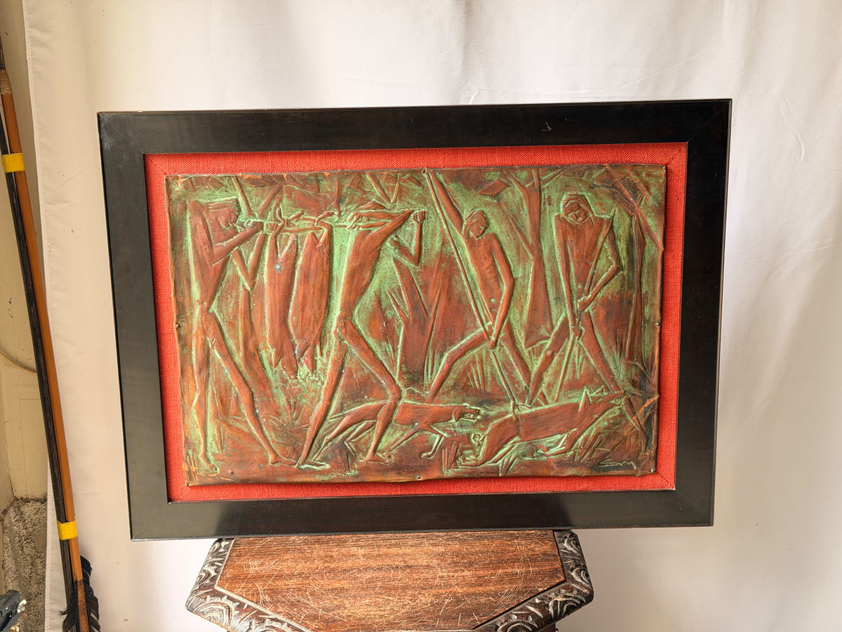 Vintage Copper Repousse Relief Hunters Game Dogs Framed Plaque Signed 30x21