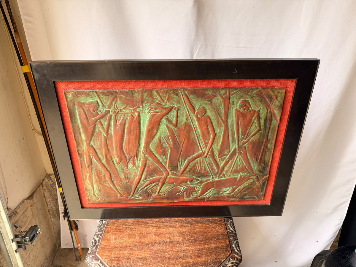 Vintage Copper Repousse Relief Hunters Game Dogs Framed Plaque Signed 30x21