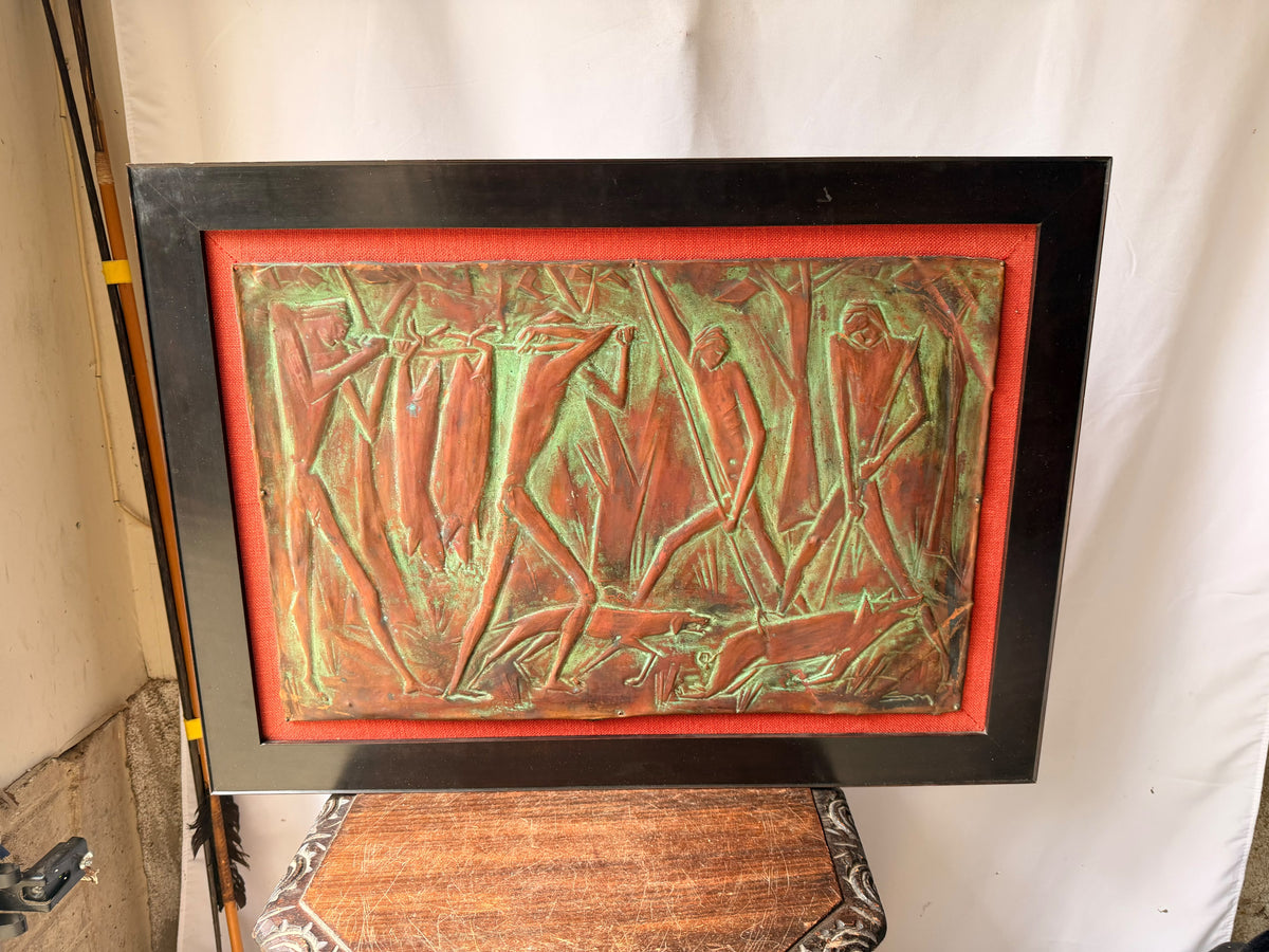 Vintage Copper Repousse Relief Hunters Game Dogs Framed Plaque Signed 30x21
