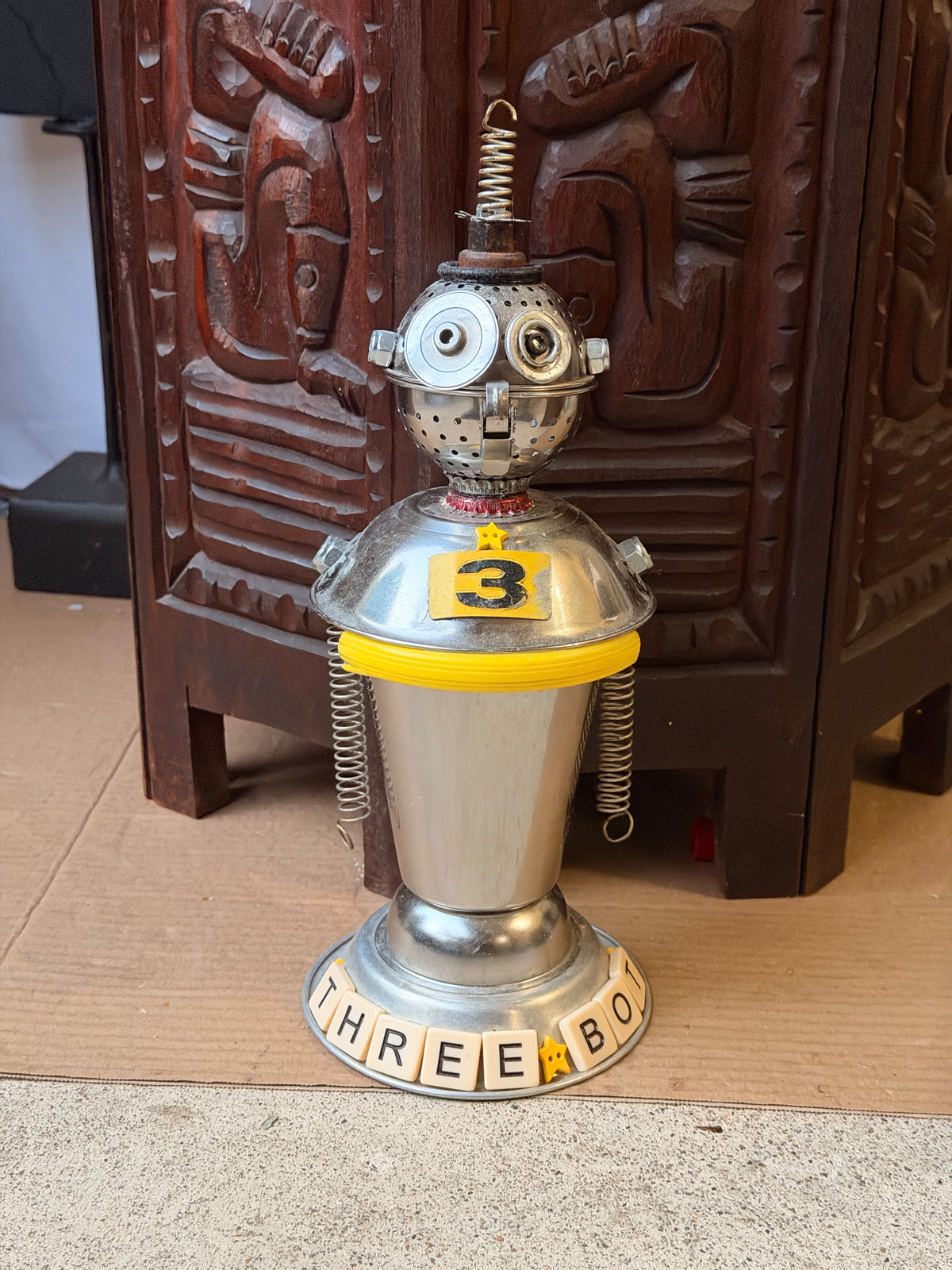 Debbie Myers Signed Found Object Metal Robot Sculpture Three Bot 12.5 in