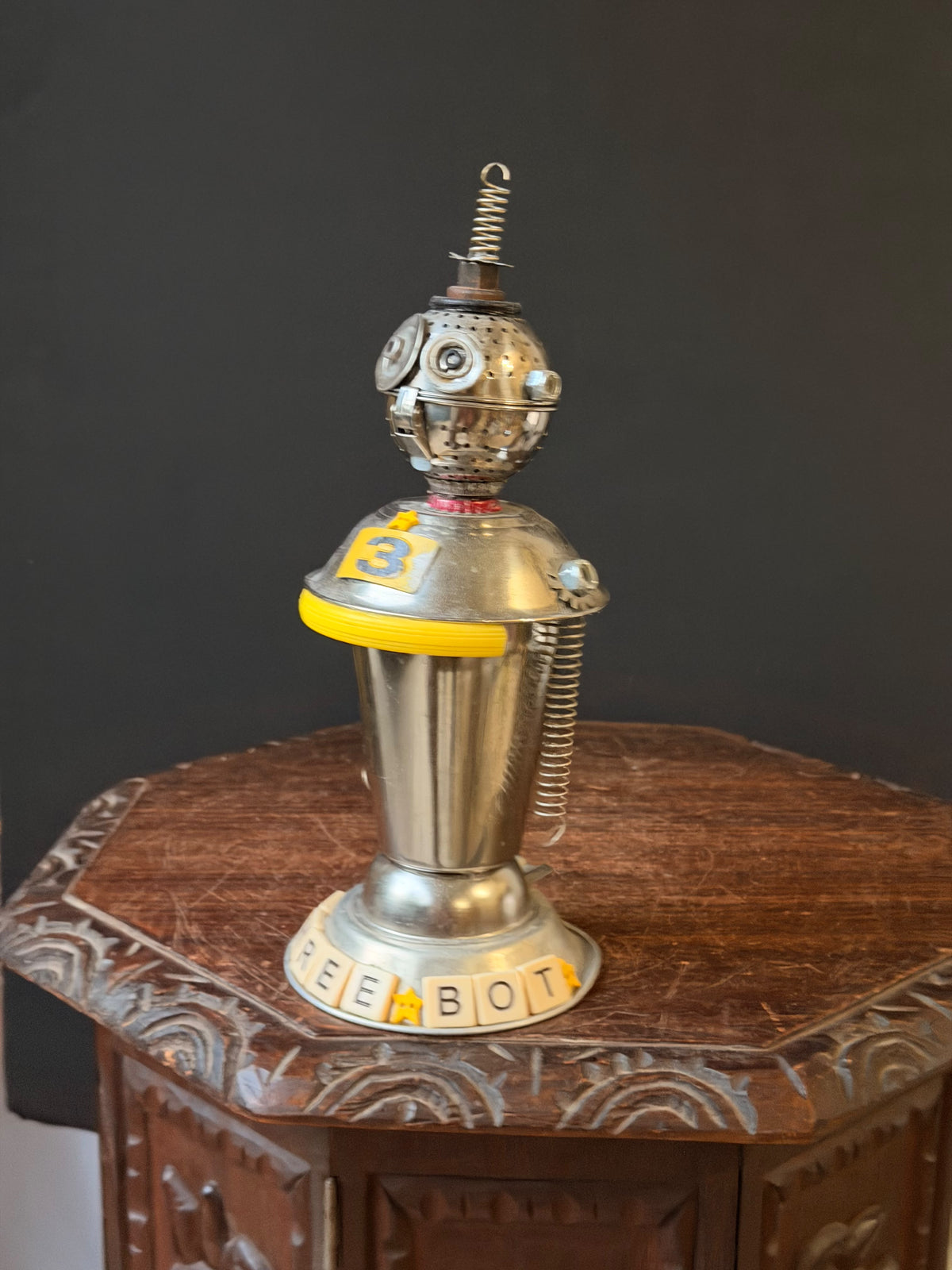 Debbie Myers Signed Found Object Metal Robot Sculpture Three Bot 12.5 in