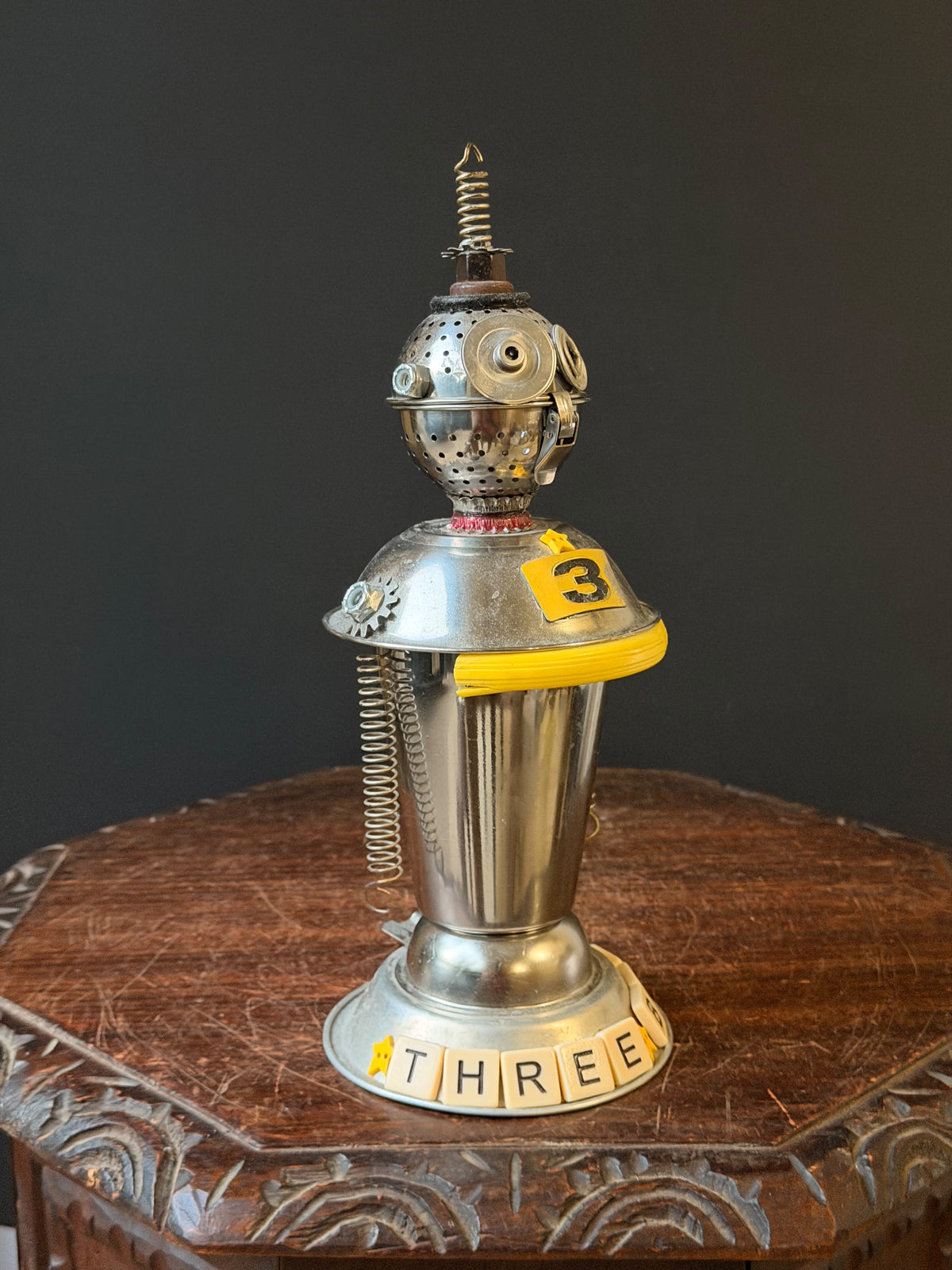 Debbie Myers Signed Found Object Metal Robot Sculpture Three Bot 12.5 in