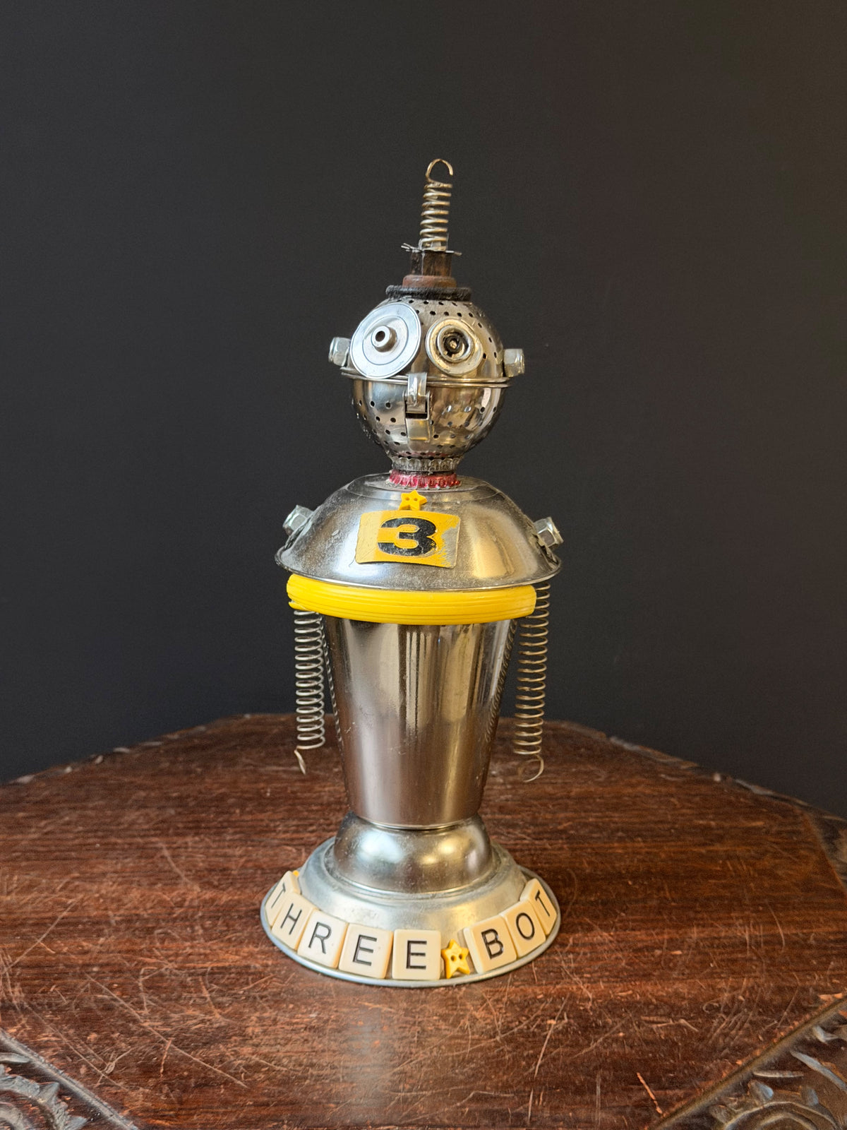 Debbie Myers Signed Found Object Metal Robot Sculpture Three Bot 12.5 in