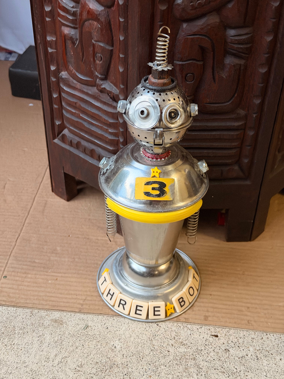 Debbie Myers Signed Found Object Metal Robot Sculpture Three Bot 12.5 in