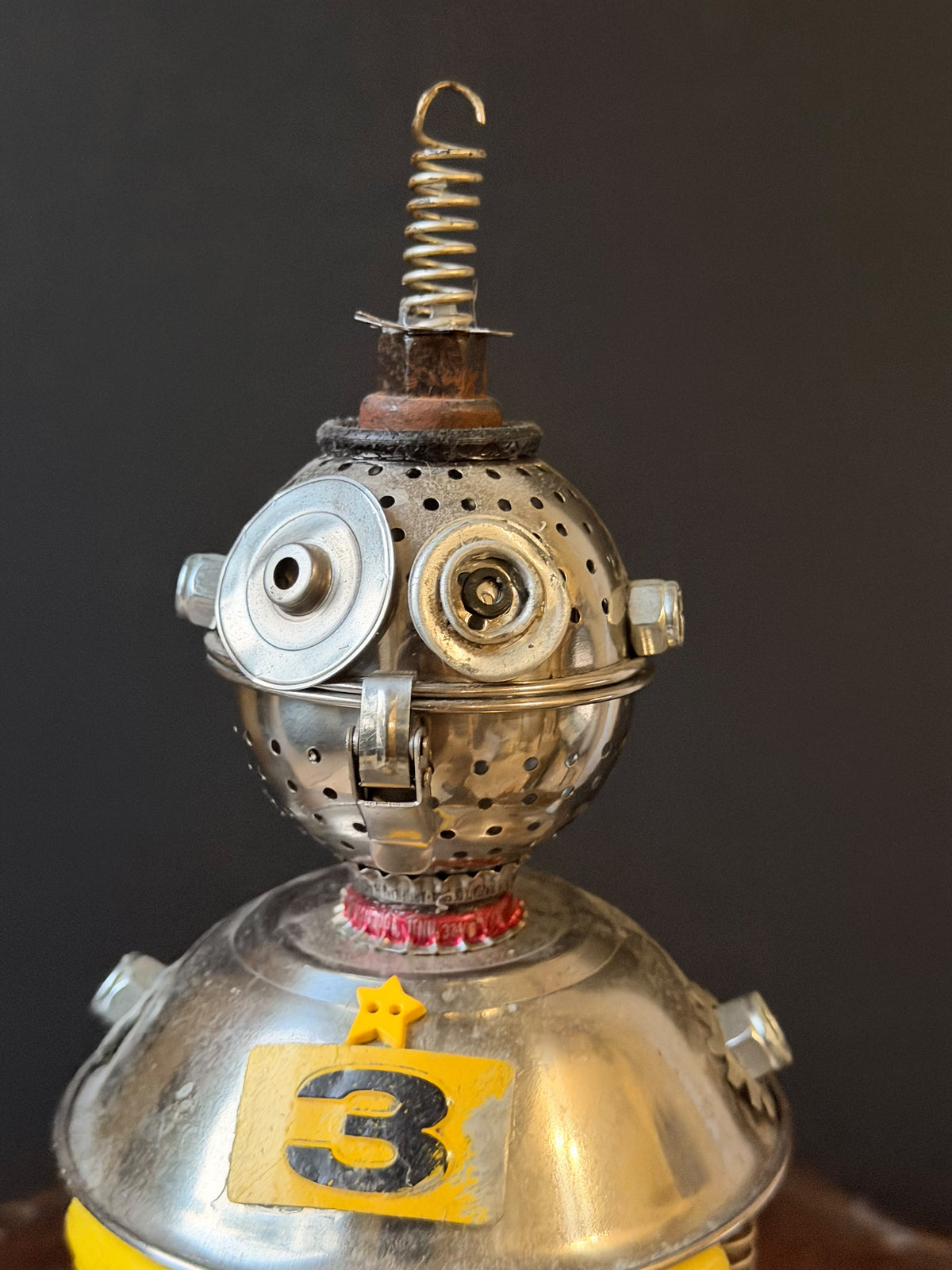 Debbie Myers Signed Found Object Metal Robot Sculpture Three Bot 12.5 in