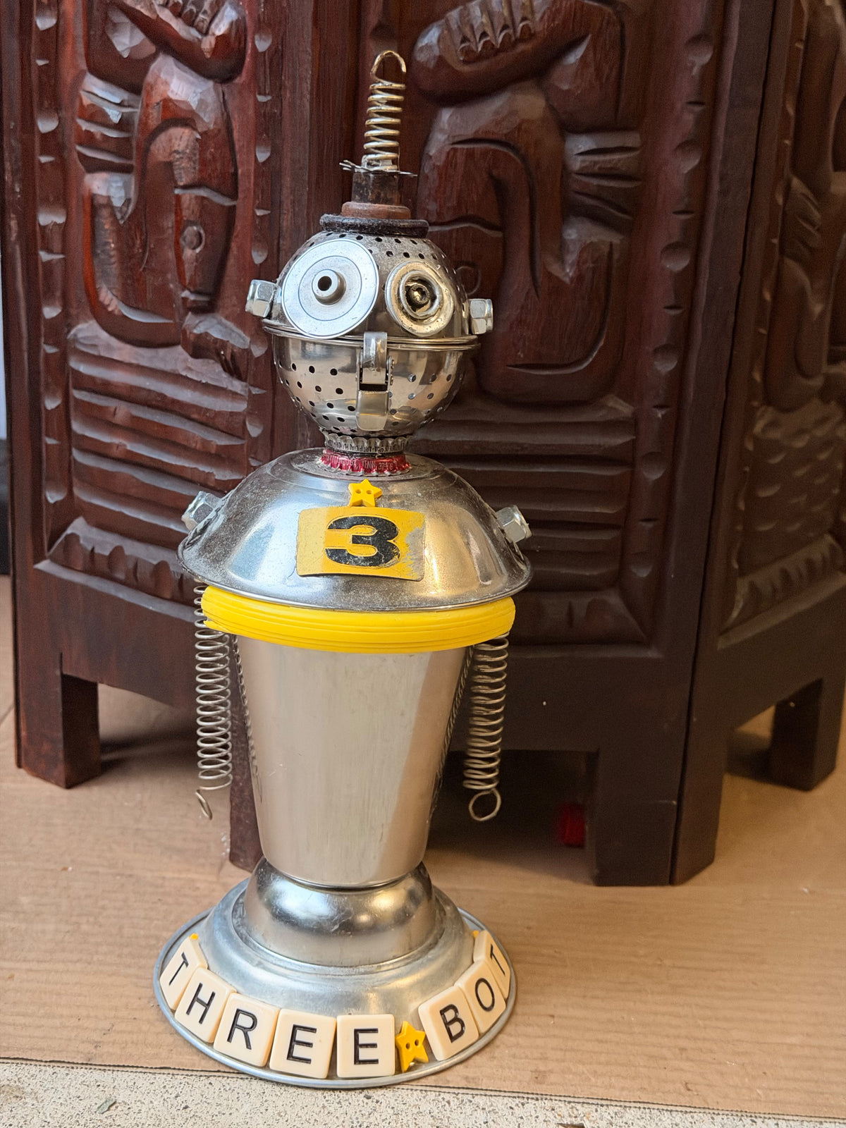 Debbie Myers Signed Found Object Metal Robot Sculpture Three Bot 12.5 in