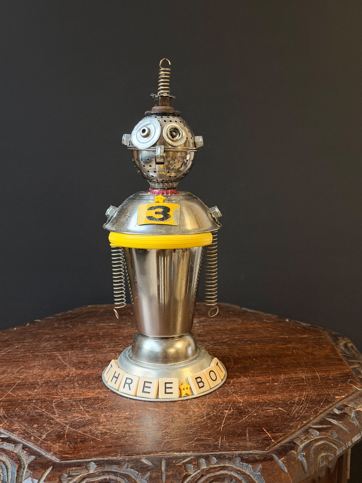 Debbie Myers Signed Found Object Metal Robot Sculpture Three Bot 12.5 in