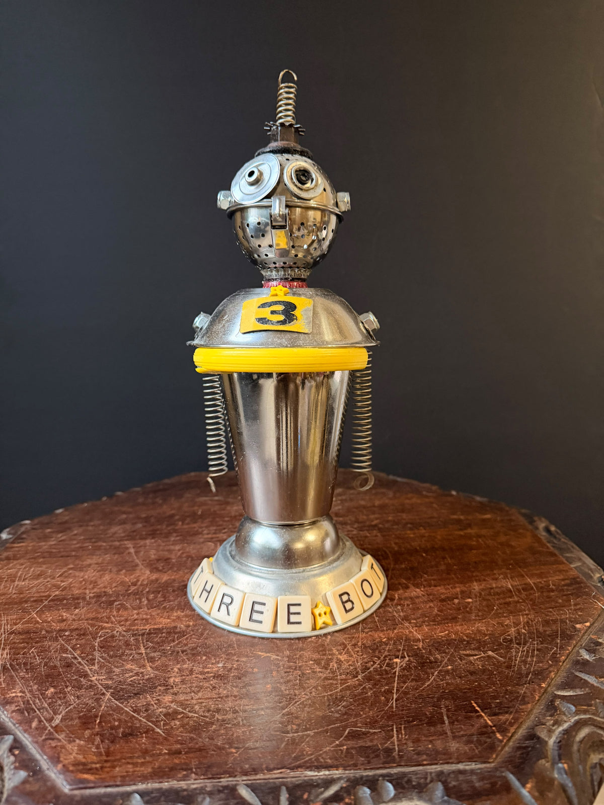 Debbie Myers Signed Found Object Metal Robot Sculpture Three Bot 12.5 in