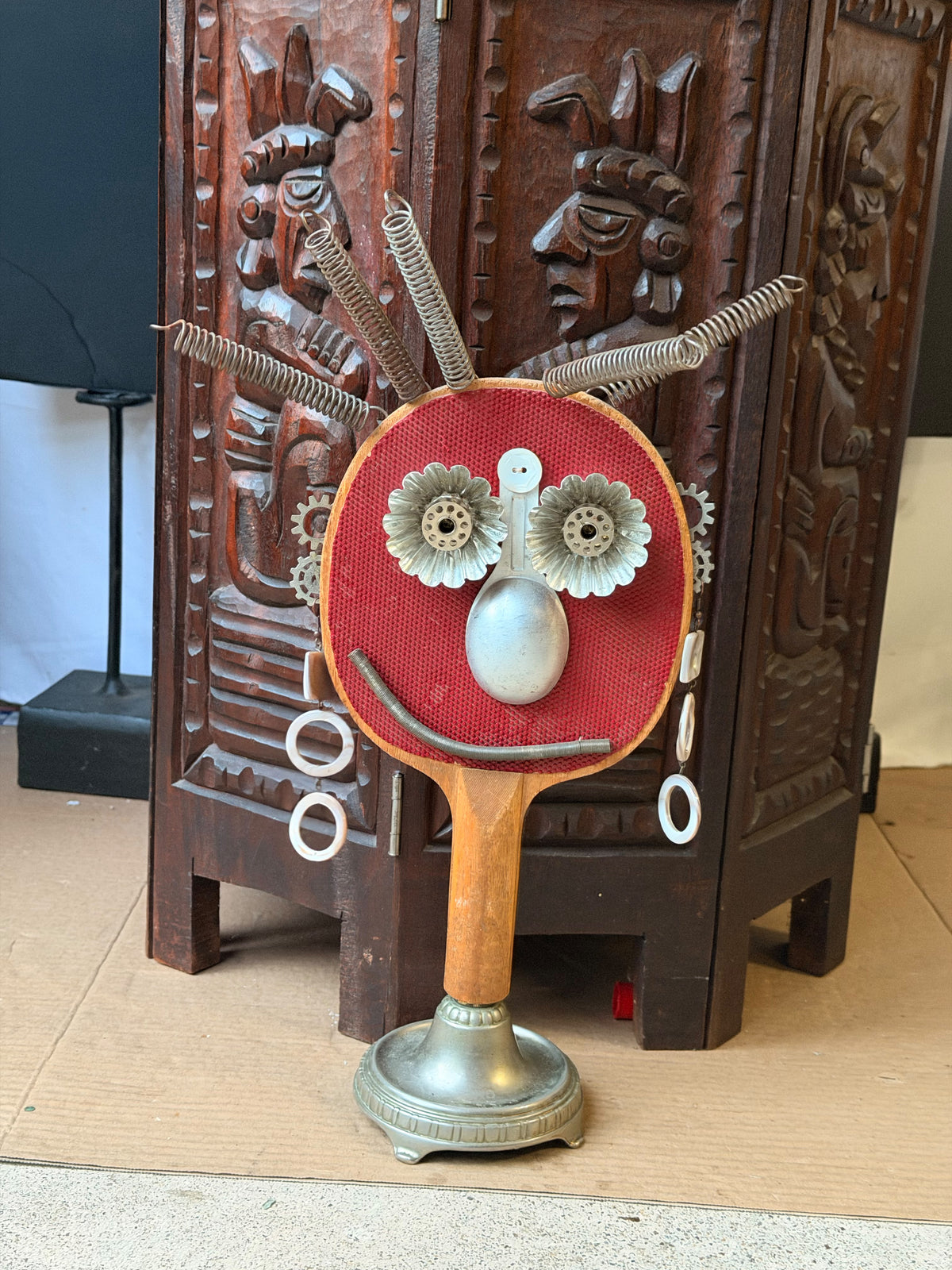 Ping Pong Paddle Found Object Robot Face Sculpture, Upcycled Assemblage Art, 16 in