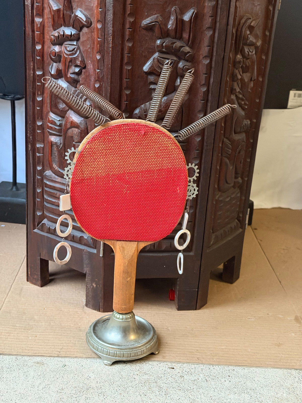 Ping Pong Paddle Found Object Robot Face Sculpture, Upcycled Assemblage Art, 16 in