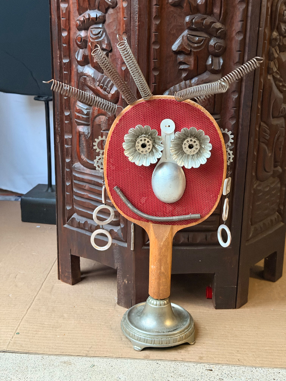 Ping Pong Paddle Found Object Robot Face Sculpture, Upcycled Assemblage Art, 16 in