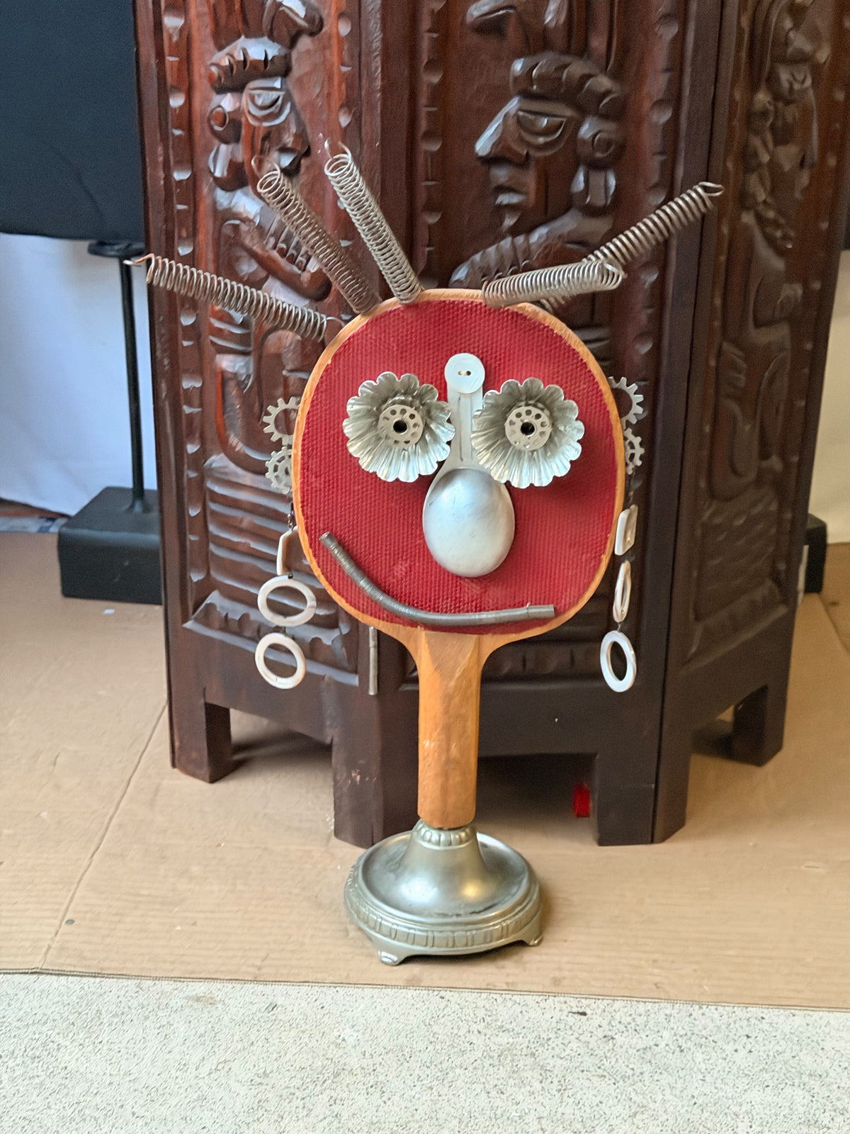 Ping Pong Paddle Found Object Robot Face Sculpture, Upcycled Assemblage Art, 16 in
