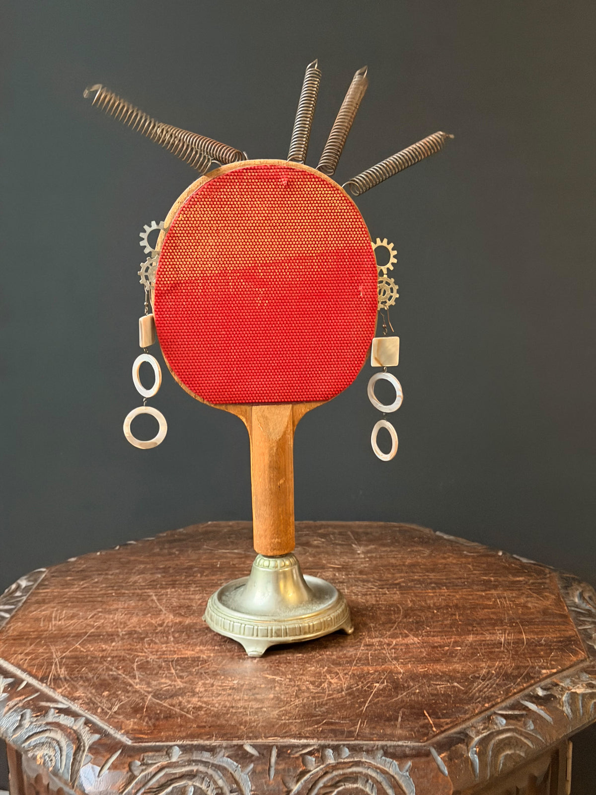 Ping Pong Paddle Found Object Robot Face Sculpture, Upcycled Assemblage Art, 16 in